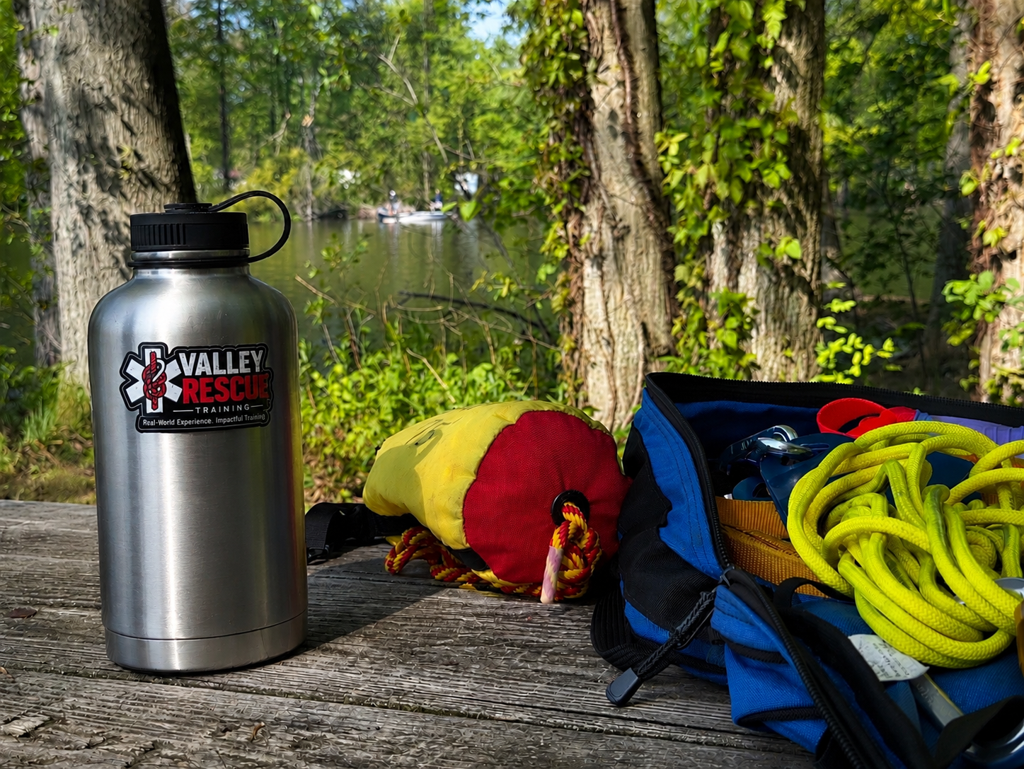 Valley Rescue Training sticker on water bottle with rescue rope and rigging gear