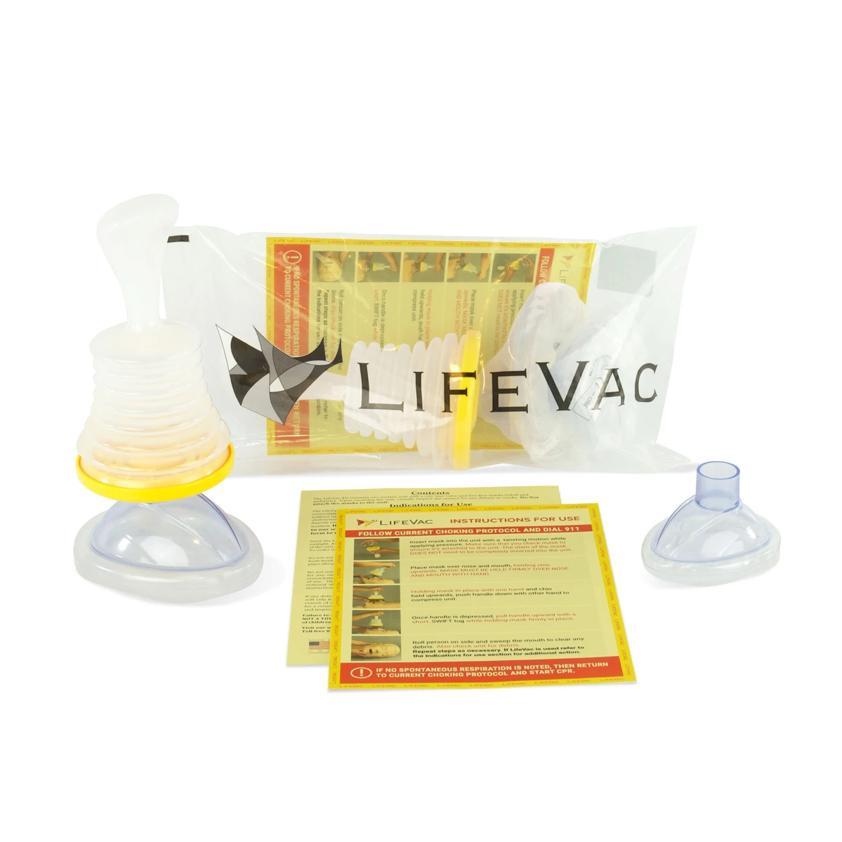 LifeVac EMS kit with device, adult and pediatric masks, clear bag and instructions